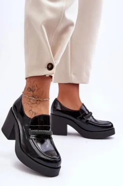 Damskie Boto Skórzane Półbuty Na Słupku Z Ozdobą Czarne Lemar Gelanor