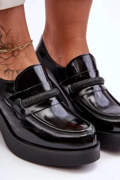 Damskie Boto Skórzane Półbuty Na Słupku Z Ozdobą Czarne Lemar Gelanor