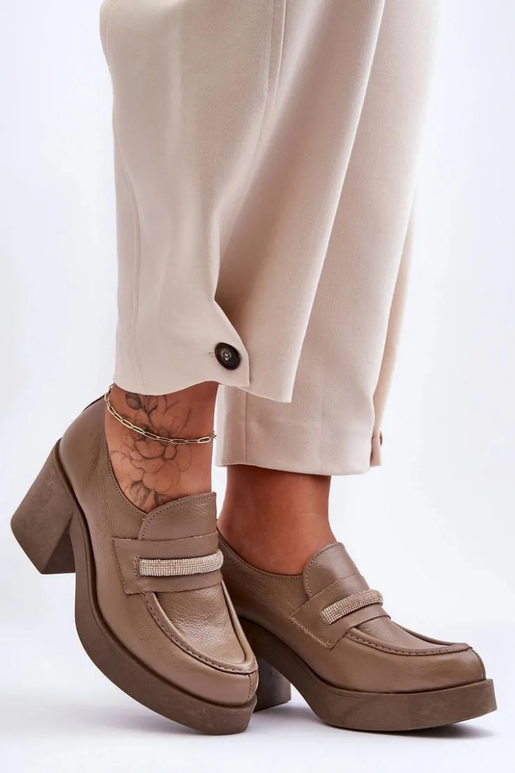 Clearance Boto Skórzane Półbuty Na Słupku Z Ozdobą Ciemnobeżowe Lemar Gelanor Beżowy