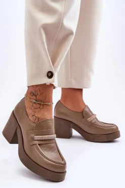 Clearance Boto Skórzane Półbuty Na Słupku Z Ozdobą Ciemnobeżowe Lemar Gelanor Beżowy