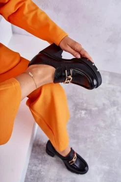 Boto Półbuty Lakierowane|Półbuty Skórzane*Skórzane Półbuty Na Słupku Ze Złotą Ozdobą Czarne Lemar Mikeyla Czarny