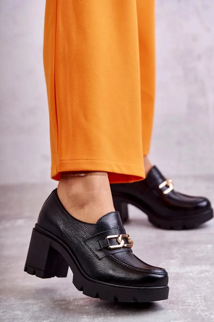 Boto Półbuty Lakierowane|Półbuty Skórzane*Skórzane Półbuty Na Słupku Ze Złotą Ozdobą Czarne Lemar Mikeyla Czarny