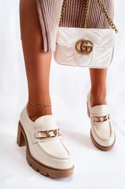 Damskie Boto Skórzane Półbuty Na Słupku Ze Złotą Ozdobą Jasnobeżowe Lemar Mikeyla