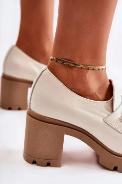 Damskie Boto Skórzane Półbuty Na Słupku Ze Złotą Ozdobą Jasnobeżowe Lemar Mikeyla