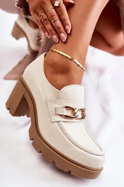 Damskie Boto Skórzane Półbuty Na Słupku Ze Złotą Ozdobą Jasnobeżowe Lemar Mikeyla