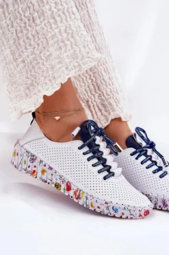 Artiker Buty Sportowe Na Platformie|Półbuty Skórzane*Skórzane Półbuty Na Wzorzystej Platformie 52C1713 Biało-Granatowe