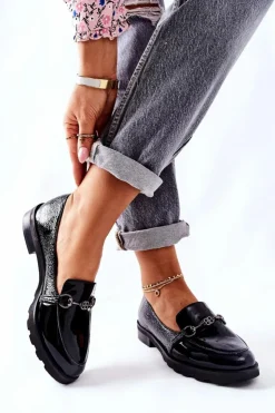 Damskie Boto Skórzane Półbuty Nicole Lakierowane Czarne 2667