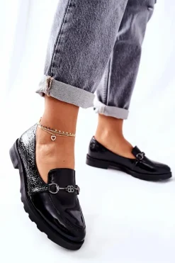 Damskie Boto Skórzane Półbuty Nicole Lakierowane Czarne 2667