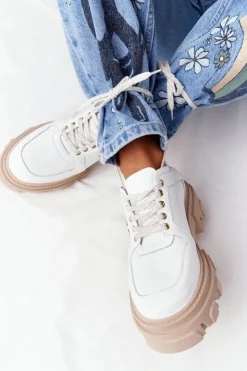Damskie Boto Skórzane Półbuty Oxfordy Lewski Shoes 3011-0 Białe