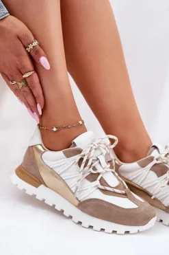Sale Artiker Skórzane Półbuty Sneakersy Damskie 56C1738 Beżowo-Złote
