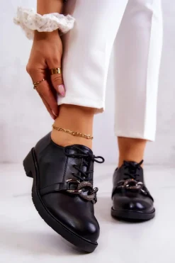 Best Damskie buty S.Barski Skórzane Półbuty Wiązane Z Ozdobą Czarne Larosa