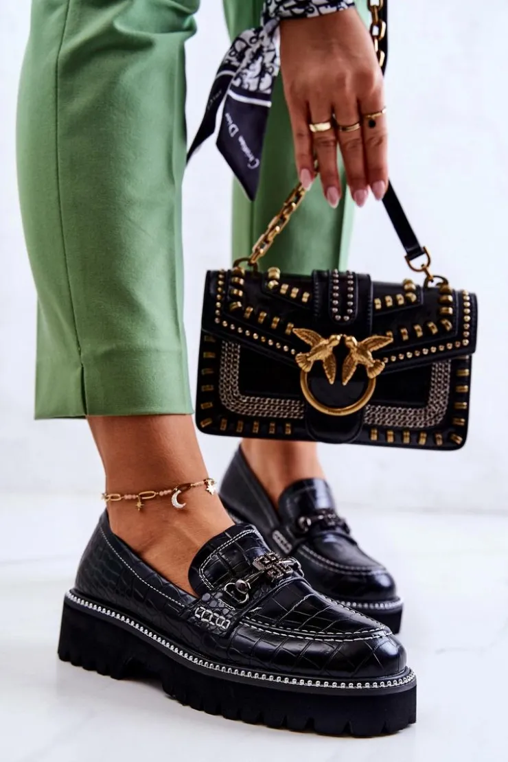 Damskie Damskie buty S.Barski Skórzane Półbuty Wężowe Z Ozdobą Czarne Adison