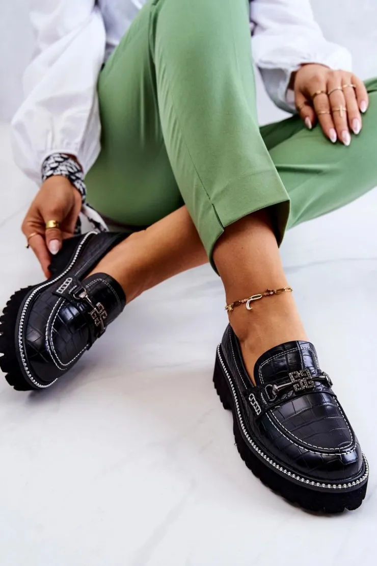 Damskie Damskie buty S.Barski Skórzane Półbuty Wężowe Z Ozdobą Czarne Adison