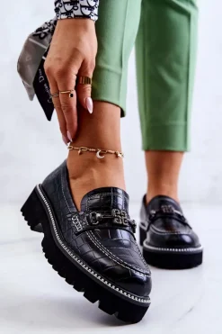 Damskie Damskie buty S.Barski Skórzane Półbuty Wężowe Z Ozdobą Czarne Adison