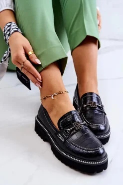 Damskie Damskie buty S.Barski Skórzane Półbuty Wężowe Z Ozdobą Czarne Adison