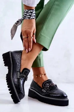 Damskie Damskie buty S.Barski Skórzane Półbuty Wężowe Z Ozdobą Czarne Adison