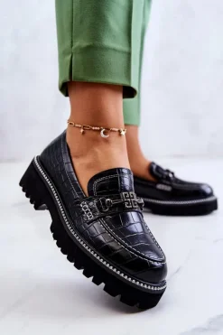 Damskie Damskie buty S.Barski Skórzane Półbuty Wężowe Z Ozdobą Czarne Adison