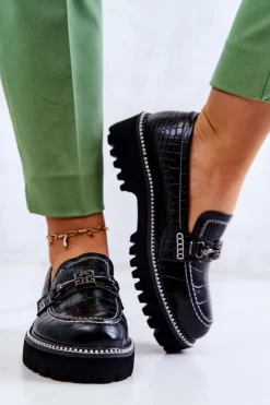 Damskie Damskie buty S.Barski Skórzane Półbuty Wężowe Z Ozdobą Czarne Adison