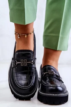 Damskie Damskie buty S.Barski Skórzane Półbuty Wężowe Z Ozdobą Czarne Adison