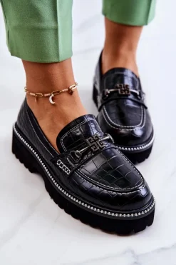 Damskie Damskie buty S.Barski Skórzane Półbuty Wężowe Z Ozdobą Czarne Adison