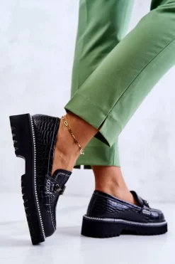 Damskie Damskie buty S.Barski Skórzane Półbuty Wężowe Z Ozdobą Czarne Adison