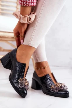 Boto Półbuty Skórzane*Skórzane Półbuty Wzór Krokodyl Z Ozdobą Czarne Delaver