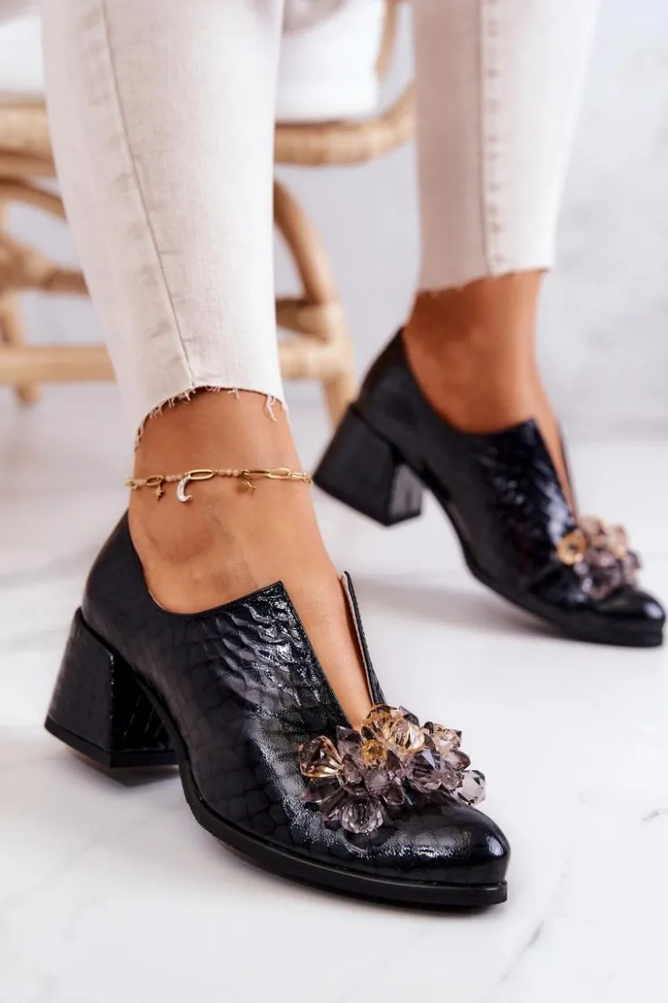 Boto Półbuty Skórzane*Skórzane Półbuty Wzór Krokodyl Z Ozdobą Czarne Delaver