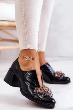 Boto Półbuty Skórzane*Skórzane Półbuty Wzór Krokodyl Z Ozdobą Czarne Delaver