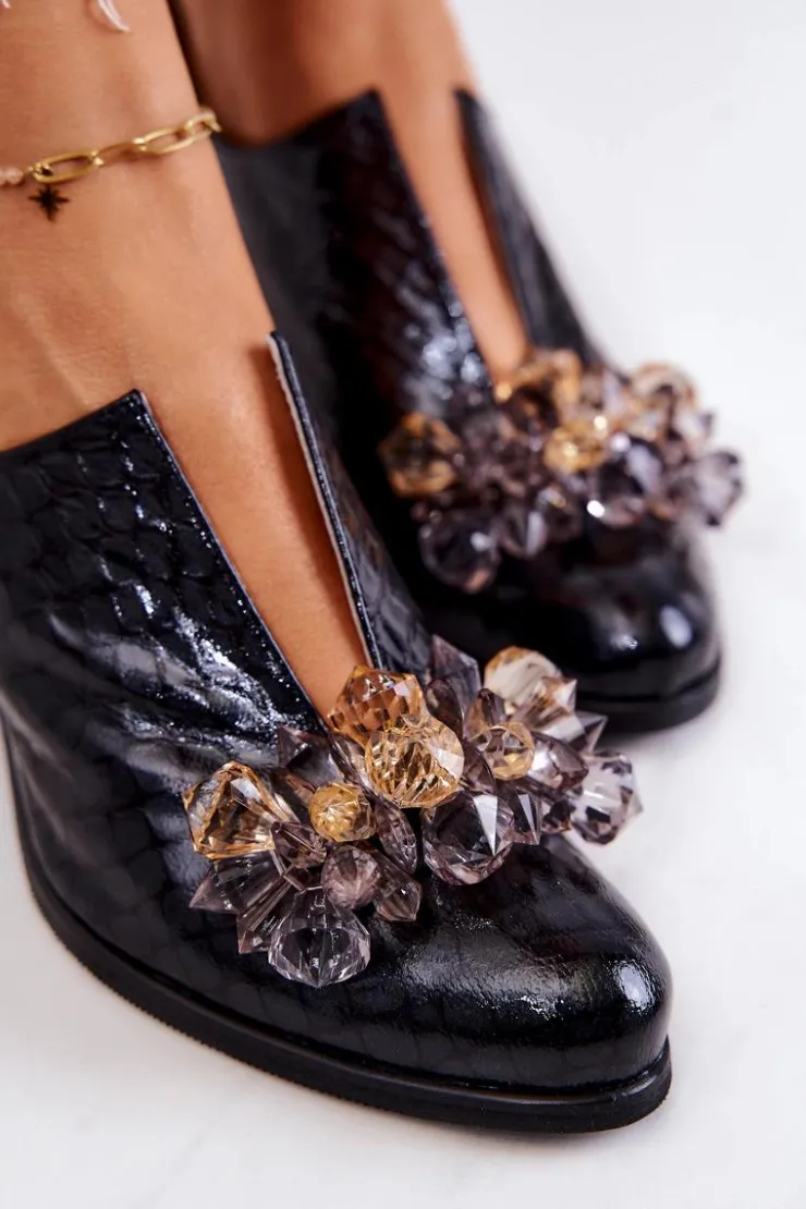 Boto Półbuty Skórzane*Skórzane Półbuty Wzór Krokodyl Z Ozdobą Czarne Delaver