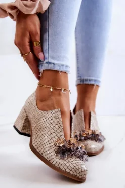 Damskie Boto Skórzane Półbuty Wzór Krokodyl Z Ozdobą Beżowe Delaver