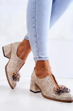 Damskie Boto Skórzane Półbuty Wzór Krokodyl Z Ozdobą Beżowe Delaver