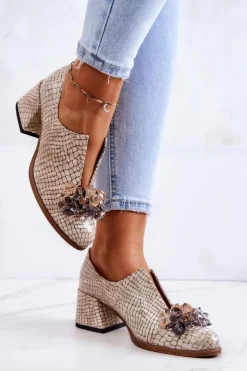 Damskie Boto Skórzane Półbuty Wzór Krokodyl Z Ozdobą Beżowe Delaver