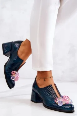 Damskie Boto Skórzane Półbuty Wzór Krokodyl Z Ozdobą Zielone Delaver