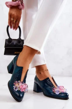 Damskie Boto Skórzane Półbuty Wzór Krokodyl Z Ozdobą Zielone Delaver