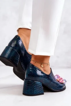 Damskie Boto Skórzane Półbuty Wzór Krokodyl Z Ozdobą Zielone Delaver