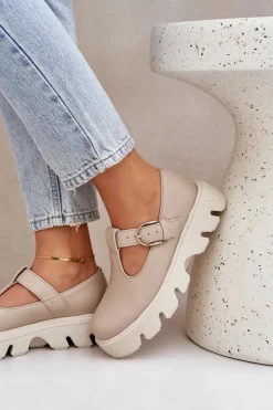 Zazoo Półbuty Skórzane*Skórzane Półbuty Z Klamrą 20183 Beżowe Beżowy