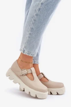 Zazoo Półbuty Skórzane*Skórzane Półbuty Z Klamrą 20183 Beżowe Beżowy