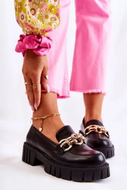 Outlet Boto Skórzane Półbuty Z Ozdobnym Łańcuchem Czarne Carmine