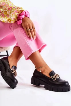 Outlet Boto Skórzane Półbuty Z Ozdobnym Łańcuchem Czarne Carmine