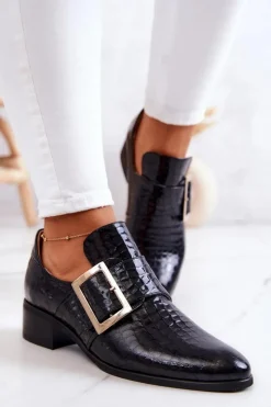 Damskie Boto Skórzane Półbuty Ze Sprzączką Czarne Taliya