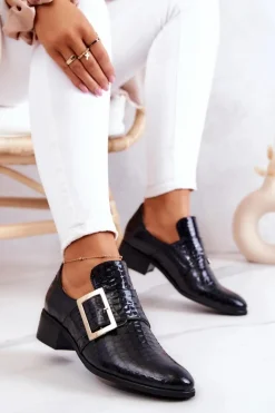 Damskie Boto Skórzane Półbuty Ze Sprzączką Czarne Taliya