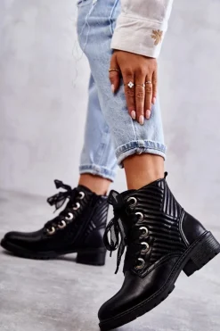 Boto Botki Sznurowane|Czarne Botki*Skórzane Pikowane Botki Z Ociepleniem Czarne Torino