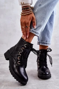 Boto Botki Sznurowane|Czarne Botki*Skórzane Pikowane Botki Z Ociepleniem Czarne Torino