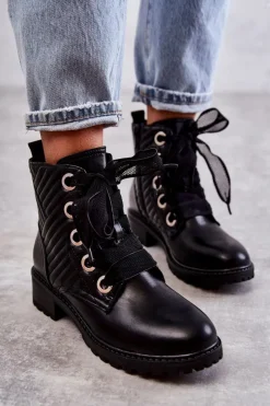 Boto Botki Sznurowane|Czarne Botki*Skórzane Pikowane Botki Z Ociepleniem Czarne Torino