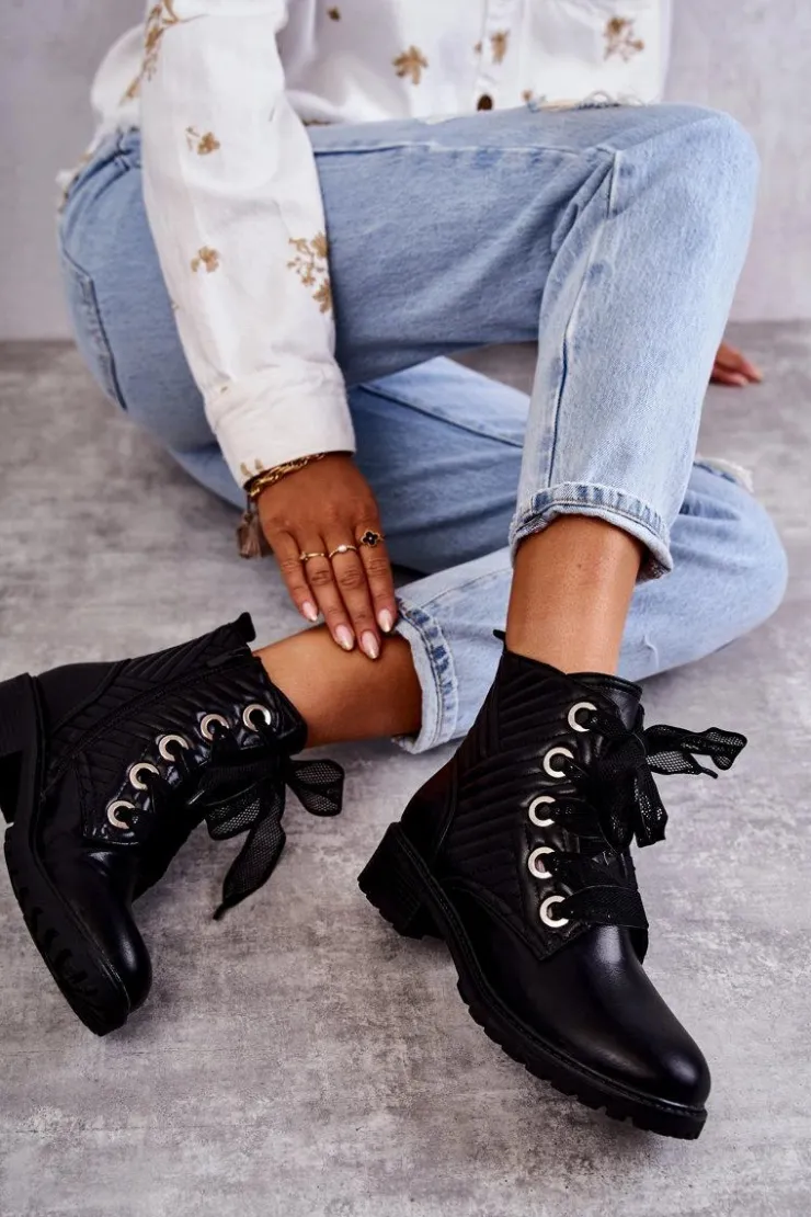 Boto Botki Sznurowane|Czarne Botki*Skórzane Pikowane Botki Z Ociepleniem Czarne Torino