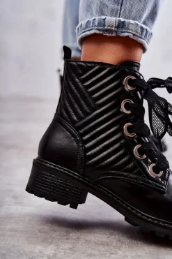 Boto Botki Sznurowane|Czarne Botki*Skórzane Pikowane Botki Z Ociepleniem Czarne Torino