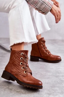 Damskie Boto Skórzane Pikowane Botki Z Ociepleniem Brązowe Torino