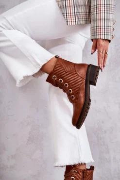 Damskie Boto Skórzane Pikowane Botki Z Ociepleniem Brązowe Torino