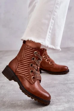 Damskie Boto Skórzane Pikowane Botki Z Ociepleniem Brązowe Torino