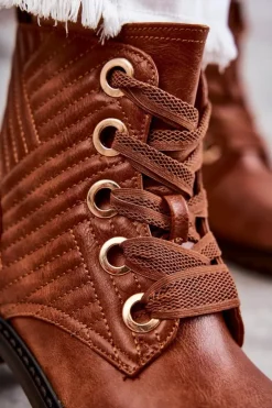 Damskie Boto Skórzane Pikowane Botki Z Ociepleniem Brązowe Torino